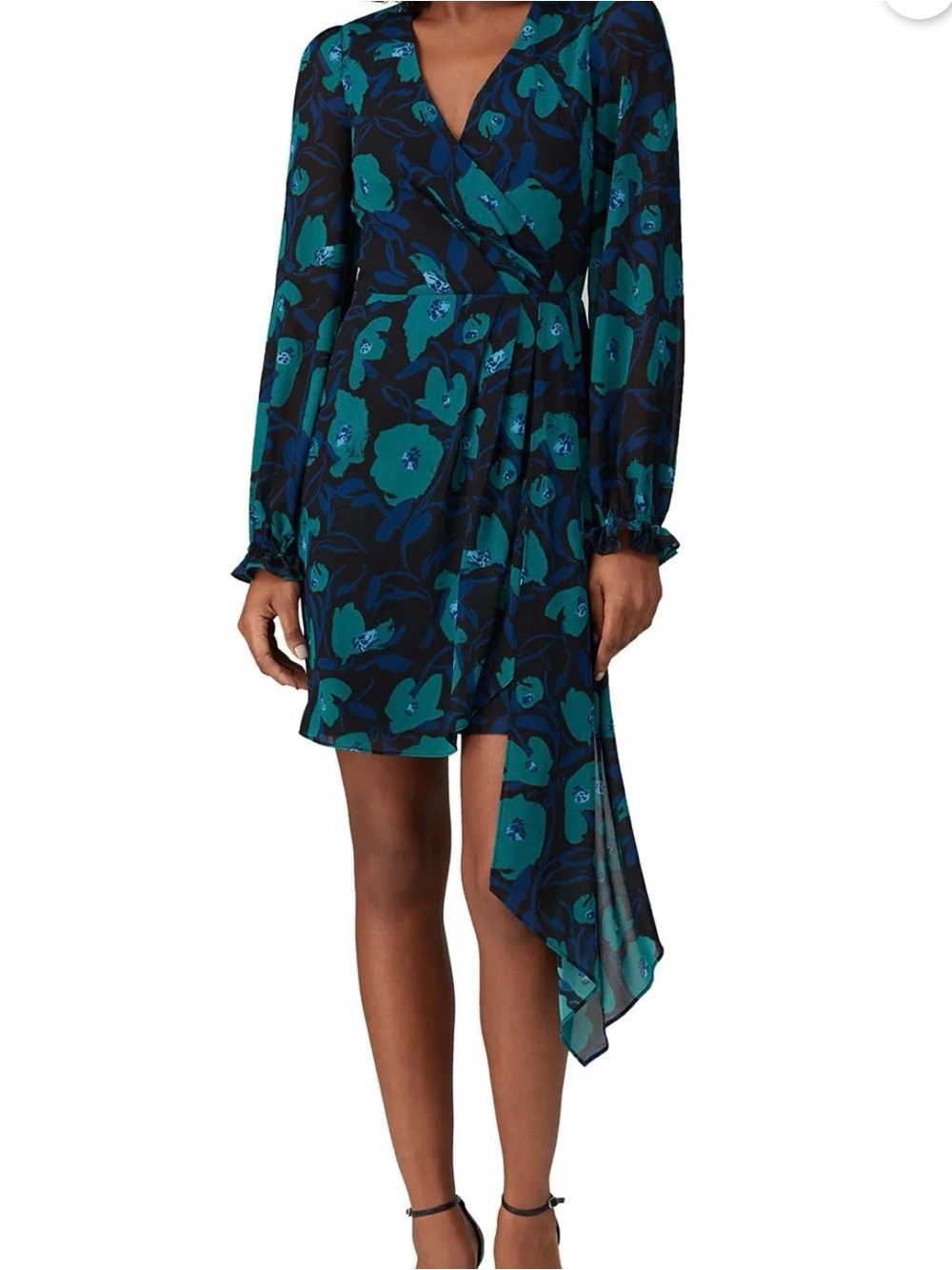 Badgley Mischka Teal Floral Georgette Wrap Dress Ruffled Sleeve High Low 16
